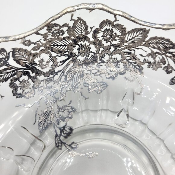 Vintage Silver Overlay Clear Glass Candy Dish Bowl Flowers Bowl Scalloped Edge - Picture 3 of 9